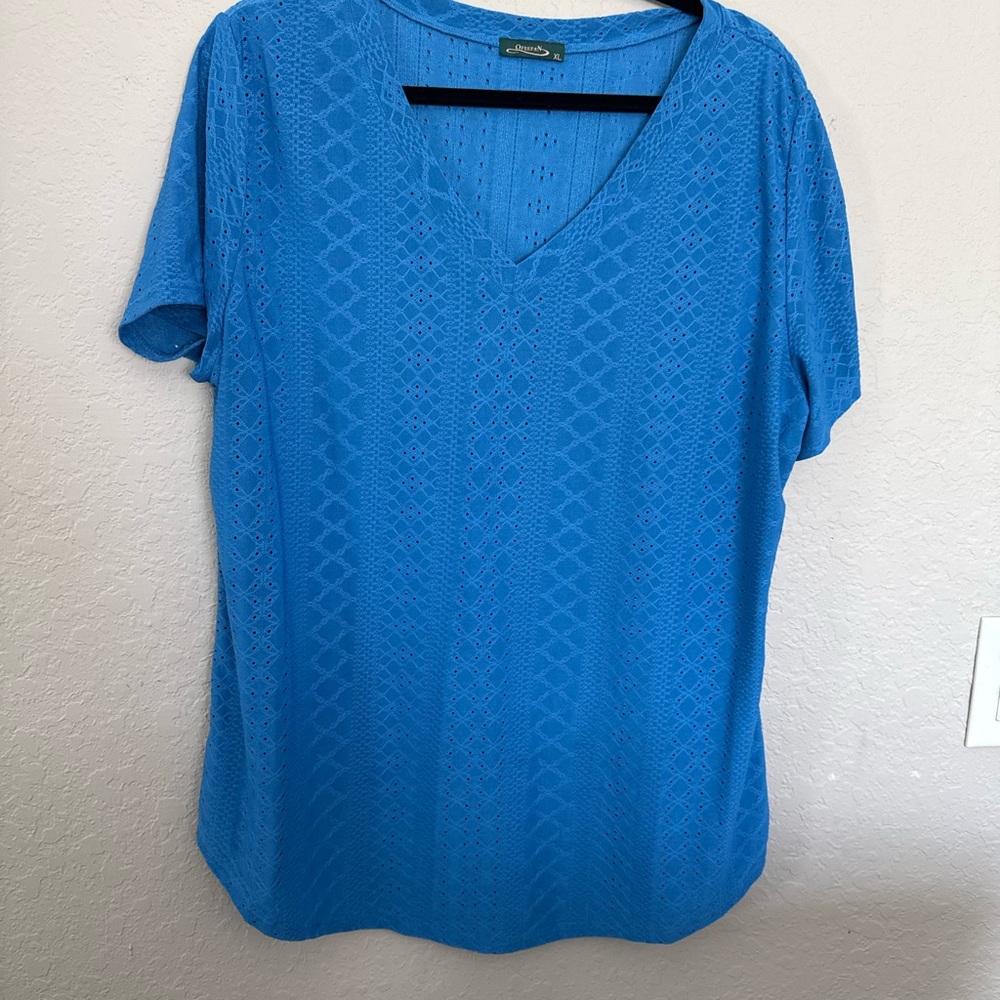 Bright Blue Eyelet V-Neck Short Sleeve Top